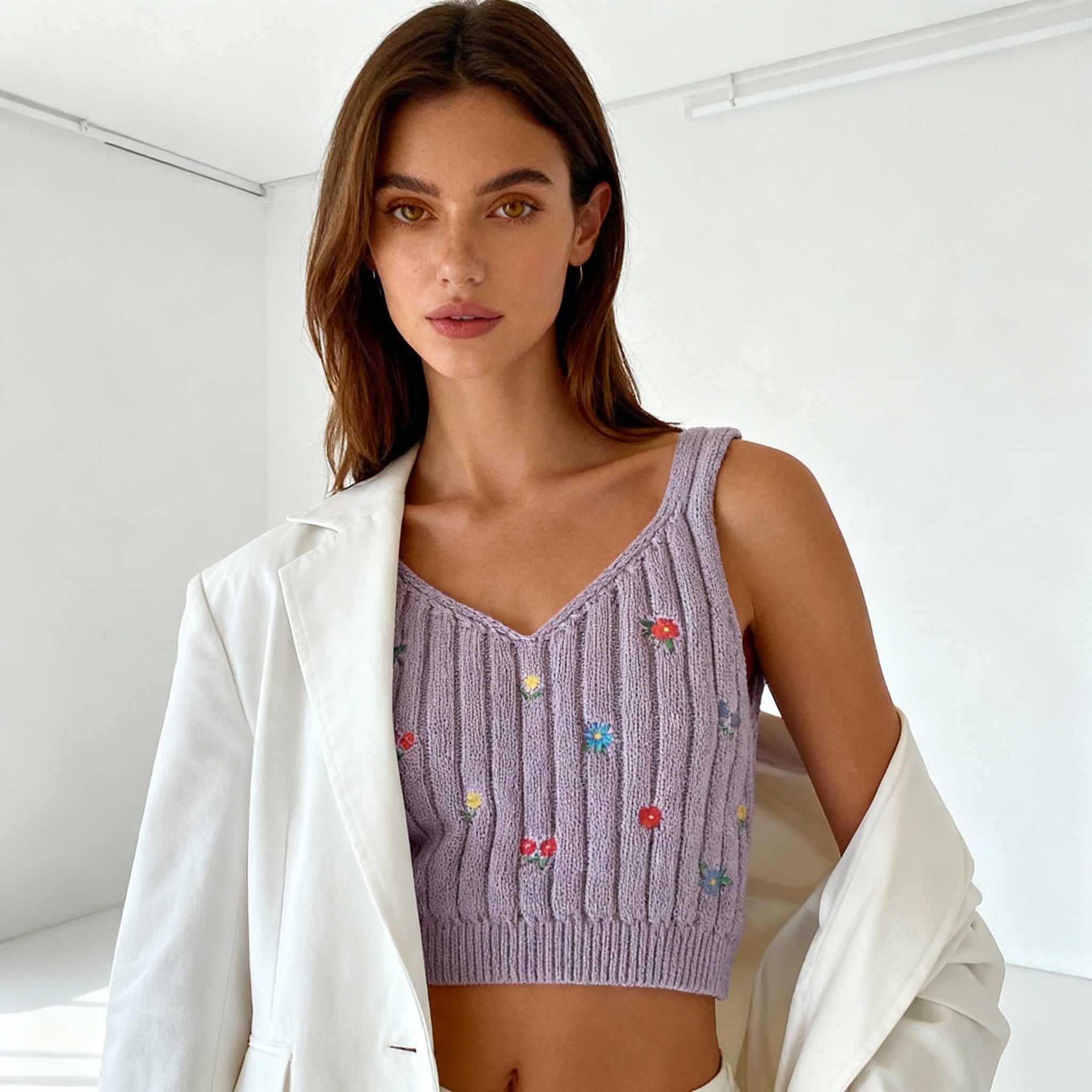 Lilac Embroidered Knit Crop Top – Floral Detail
