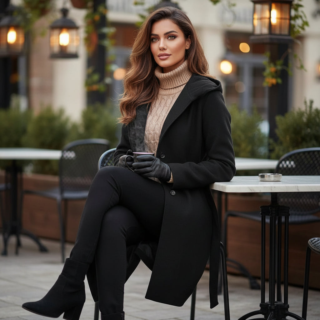 Black Hooded Wool-Blend Belted Coat