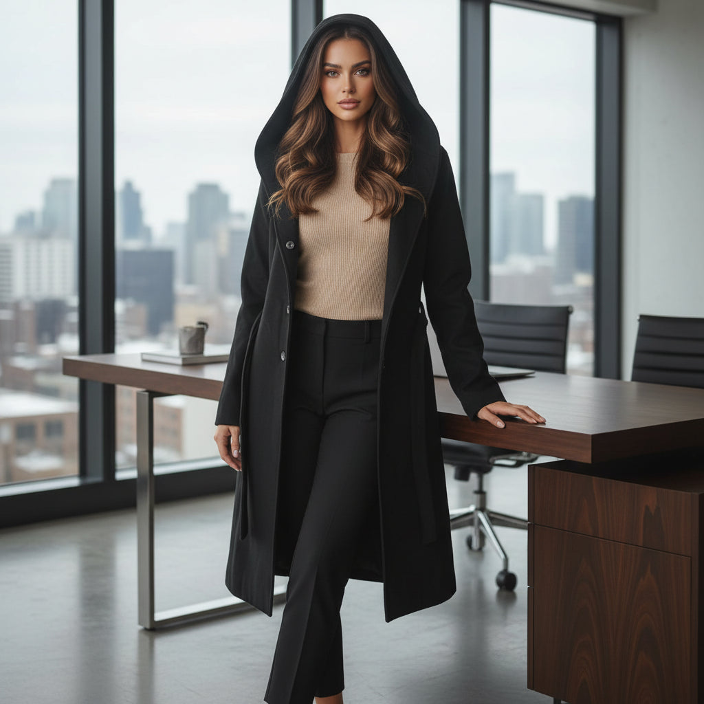 Black Hooded Wool-Blend Belted Coat