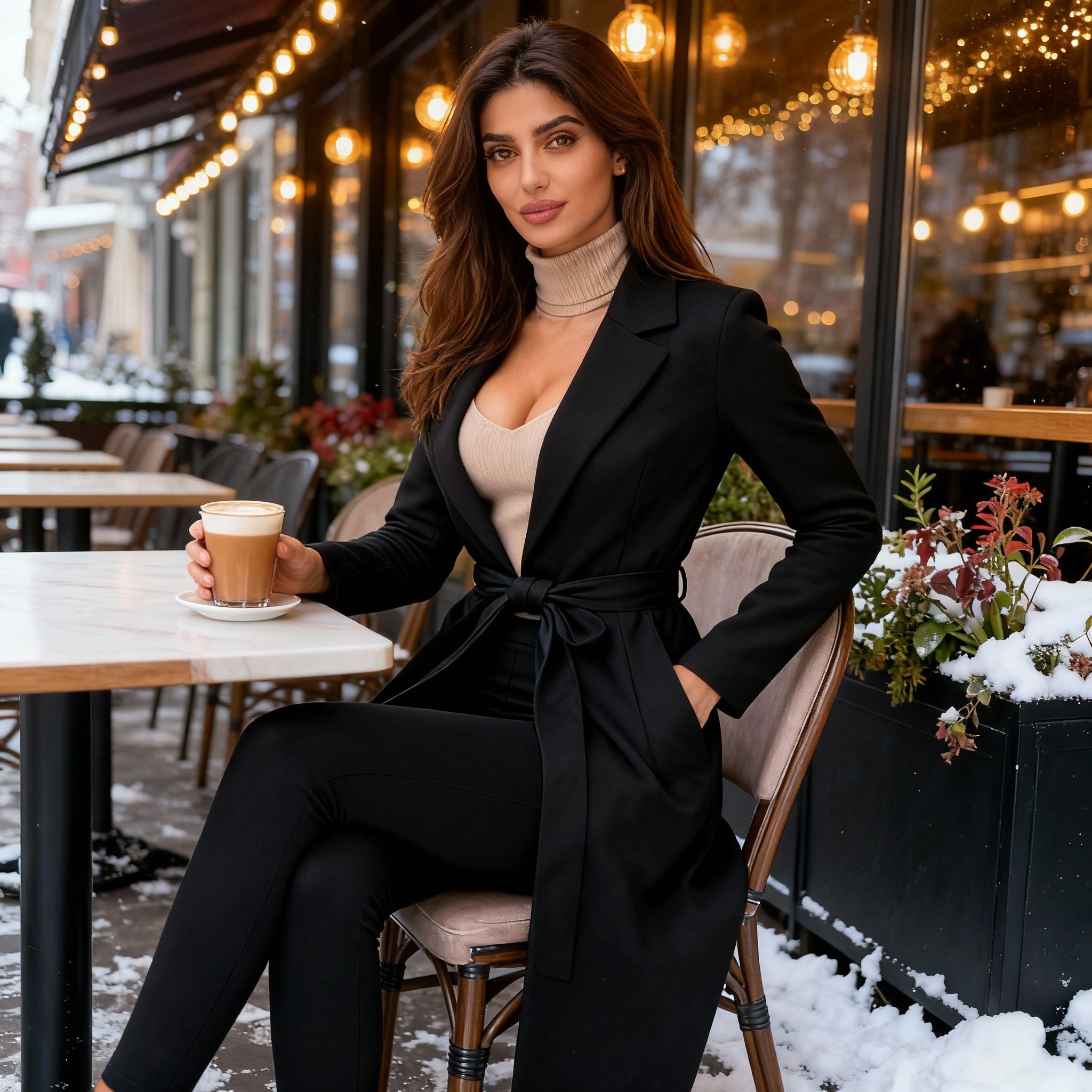 Elegant Black Belted Wool-Blend Coat with Shawl Lapel