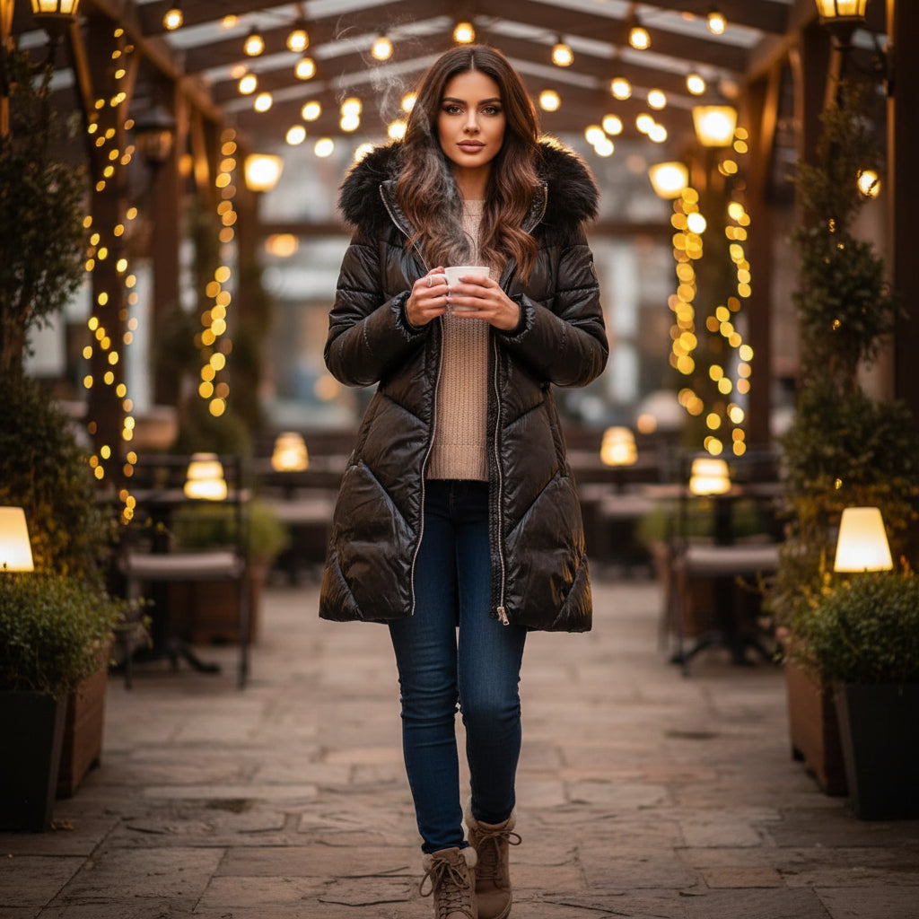 Long Black Puffer Coat with Faux Fur Hood – Winter Shine Edition