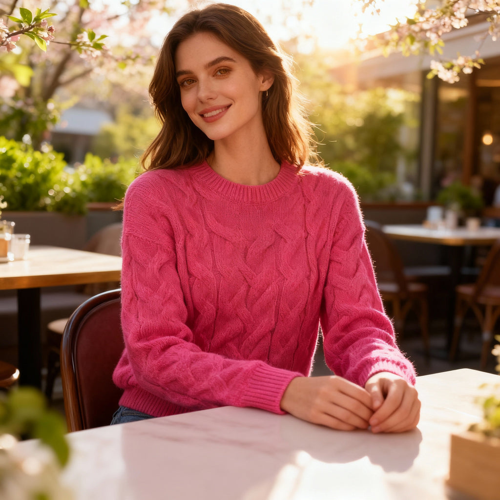 Women’s Hot Pink Cable-Knit Sweater – Soft Cozy Winter Pullover