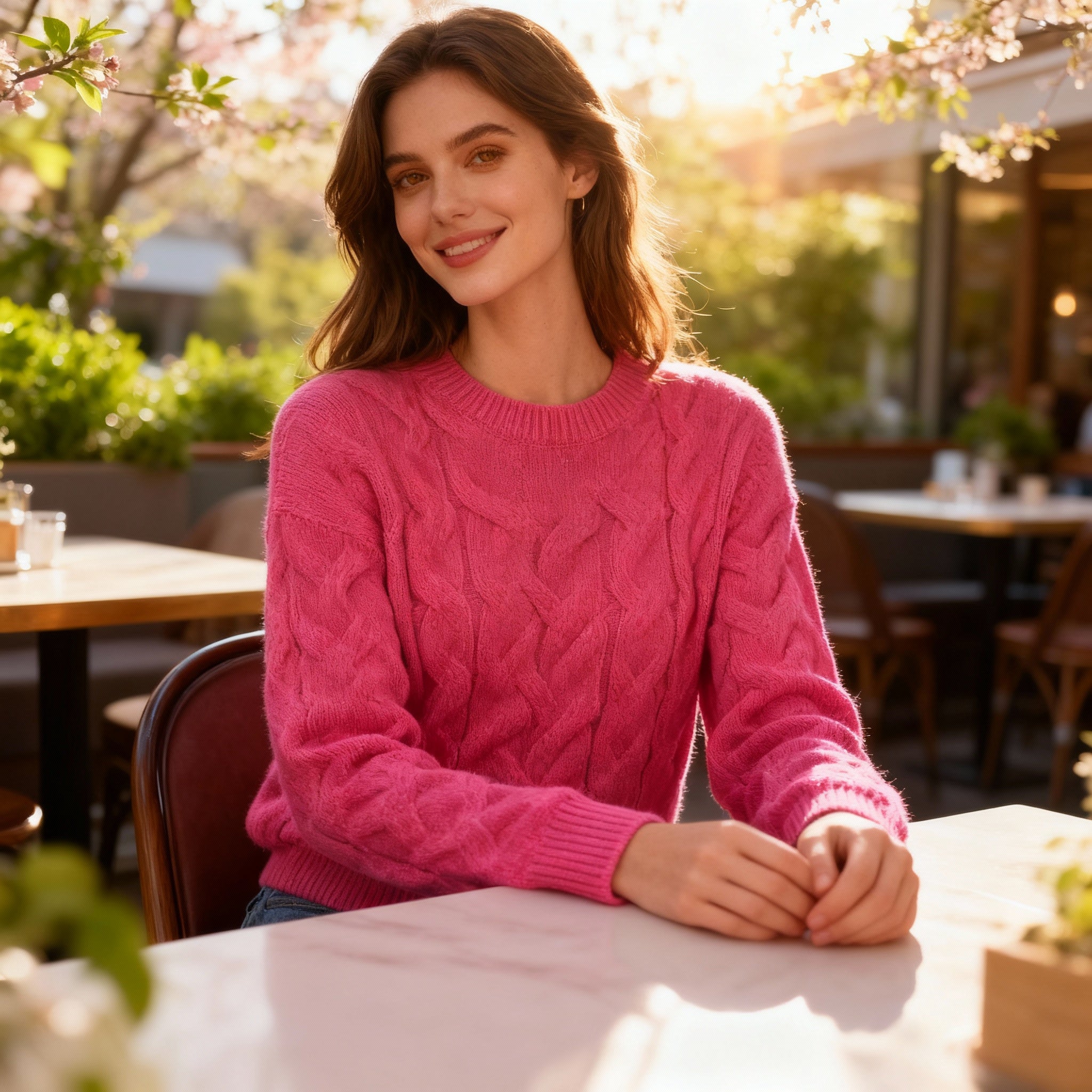 Women’s Hot Pink Cable-Knit Sweater – Soft Cozy Winter Pullover