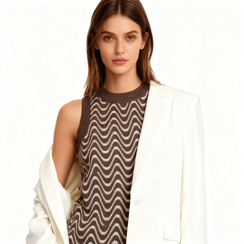 Brown & Cream Wave Knit Sleeveless Top