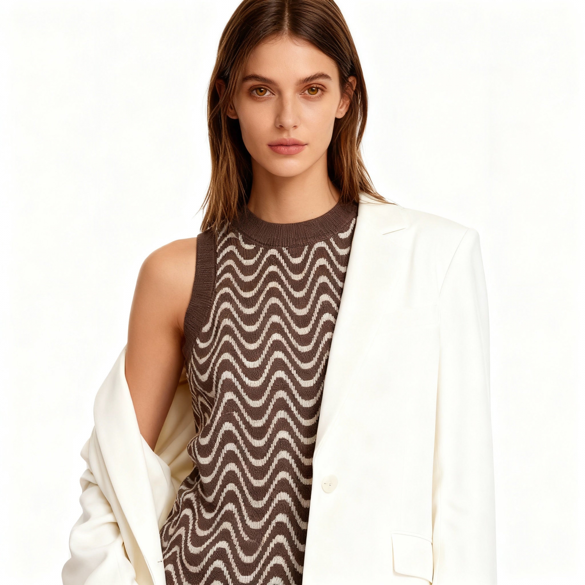 Brown & Cream Wave Knit Sleeveless Top