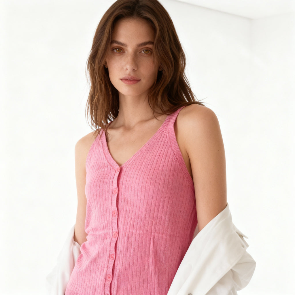 Pink Buttoned Ribbed Knit Tank Top