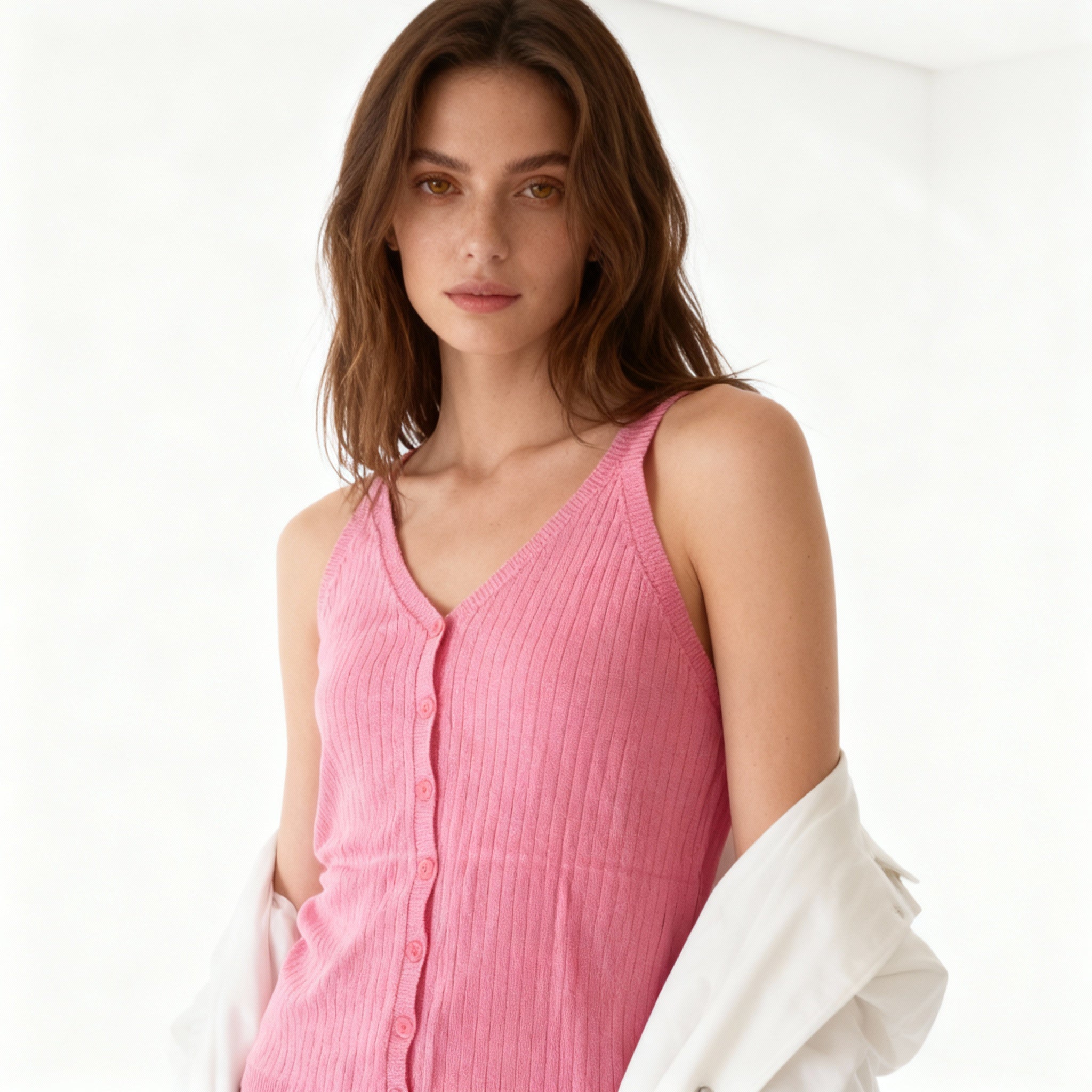 Pink Buttoned Ribbed Knit Tank Top