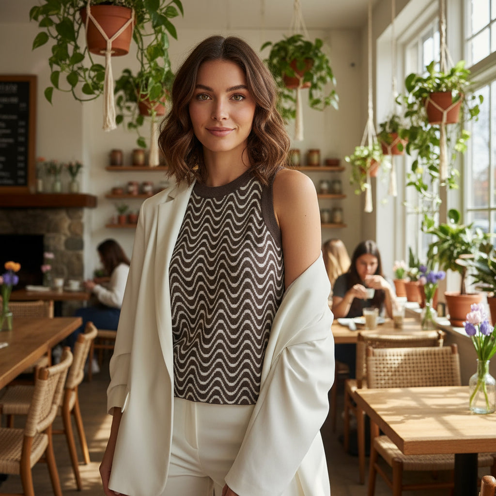 Brown & Cream Wave Knit Sleeveless Top