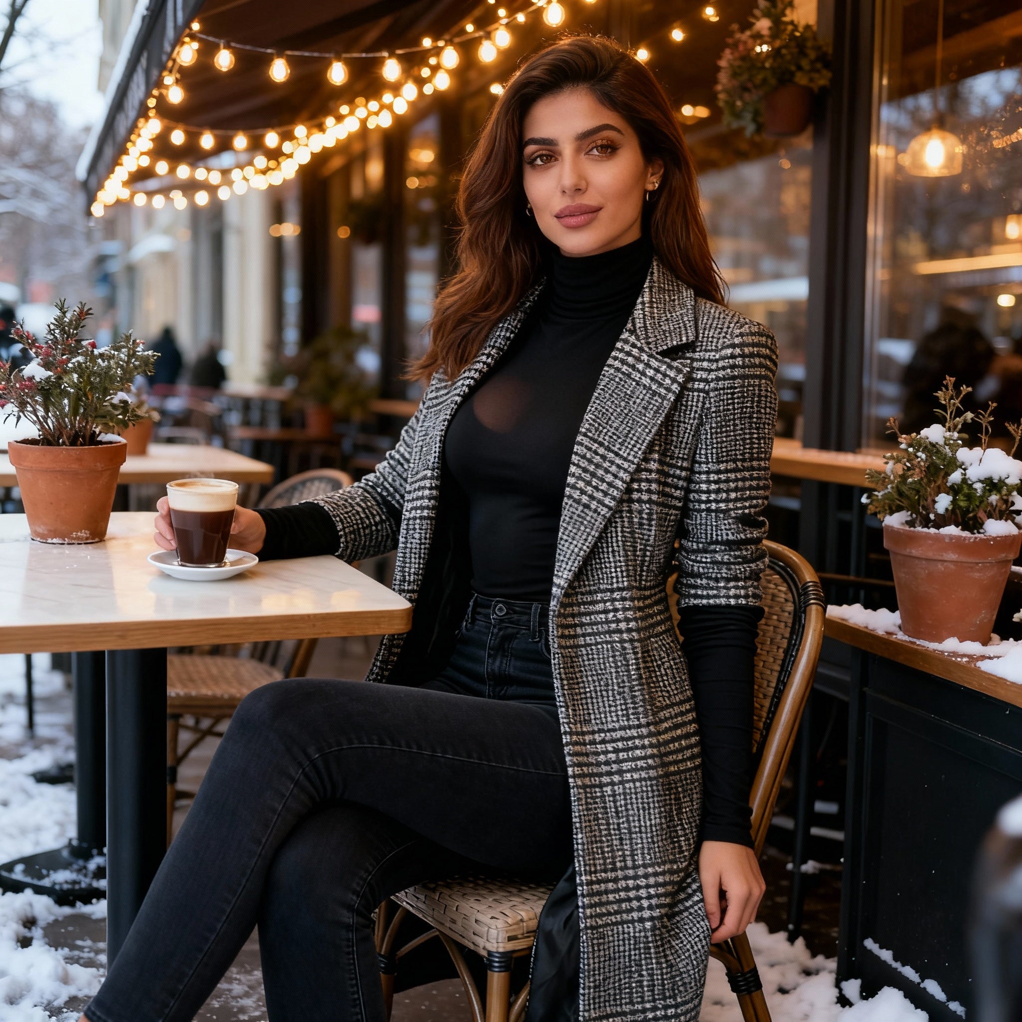 Classic Black & White Houndstooth Long Coat