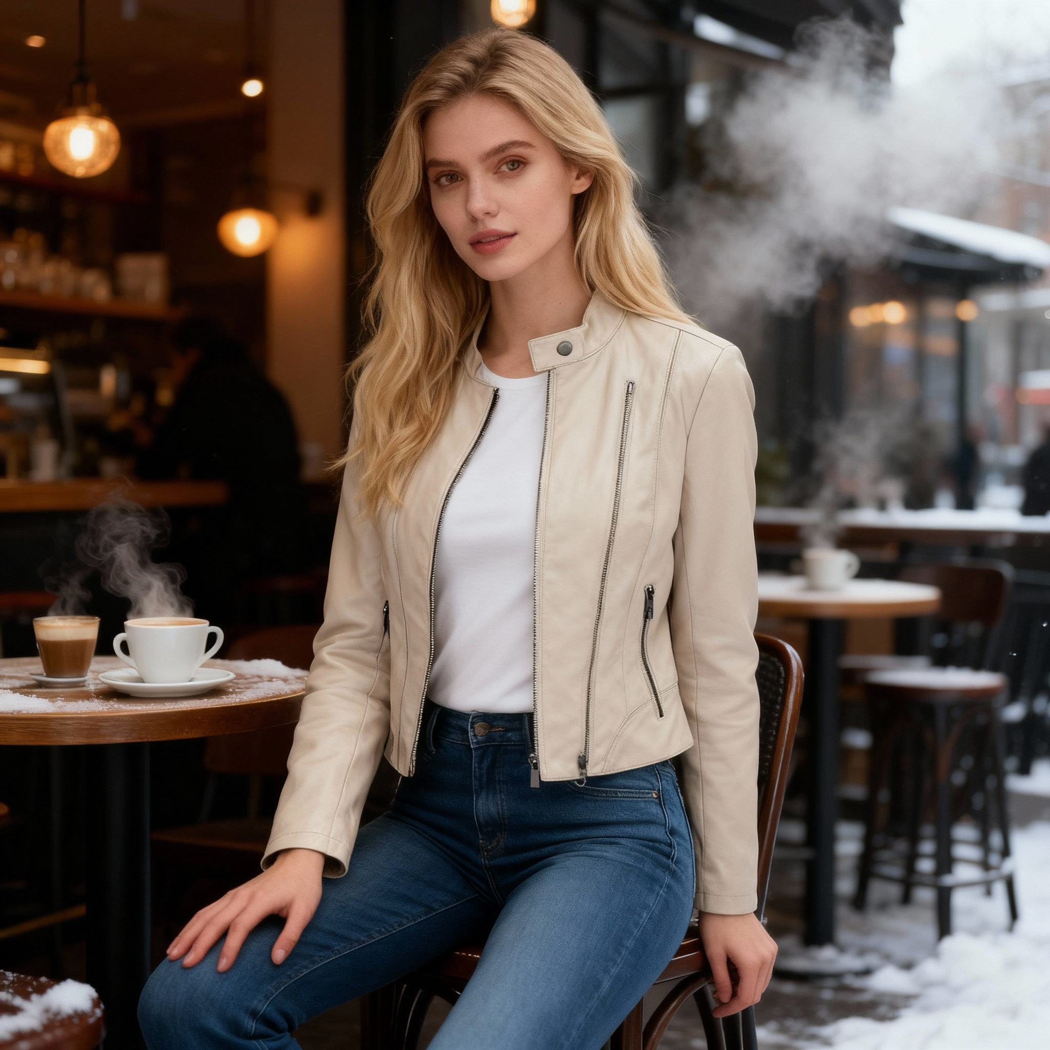 Women's Cream Beige Moto-Style Faux Leather Jacket