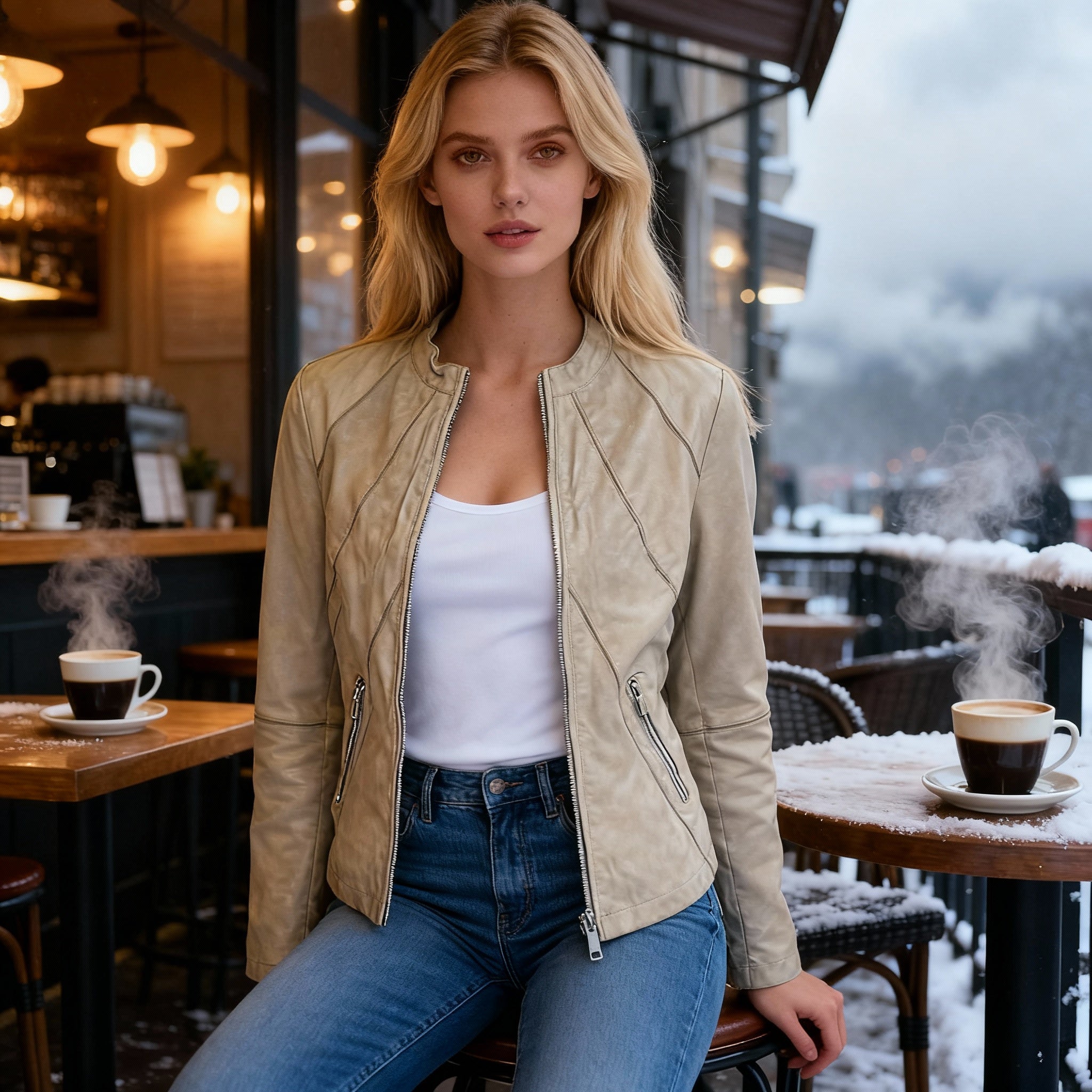 Women’s Light Taupe Faux Leather Jacket – Minimal Collar