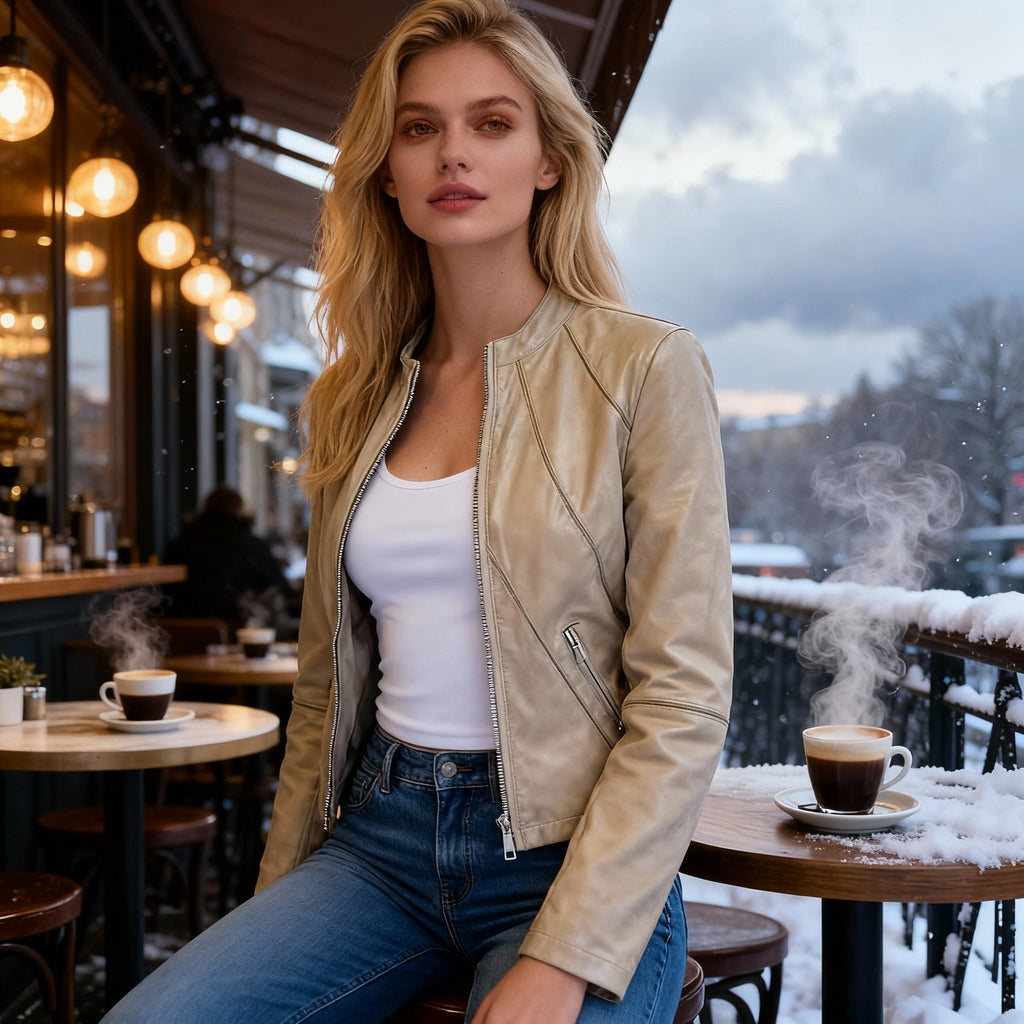 Women’s Light Taupe Faux Leather Jacket – Minimal Collar