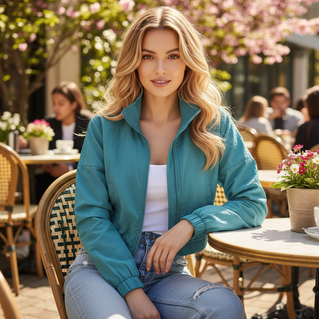 Cropped Lightweight Zip-Up Jacket – Teal Blue