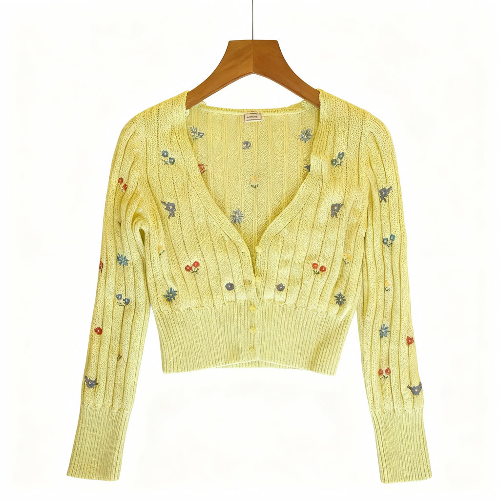 Light Yellow Floral Embroidered Knit Cardigan – Soft Lightweight Spring Layer