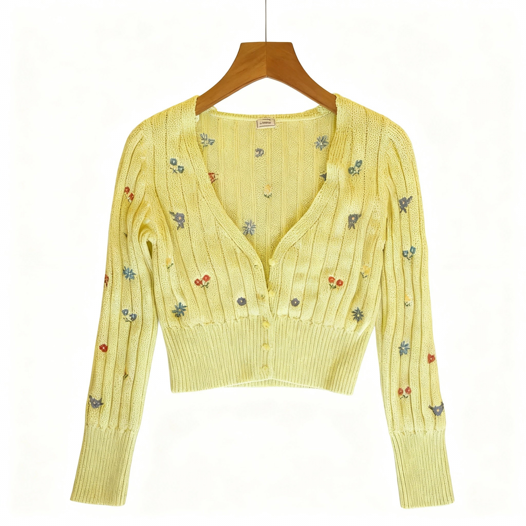 Light Yellow Floral Embroidered Knit Cardigan – Soft Lightweight Spring Layer
