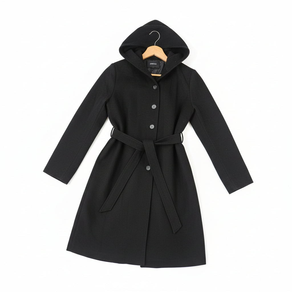 Black Hooded Wool-Blend Belted Coat