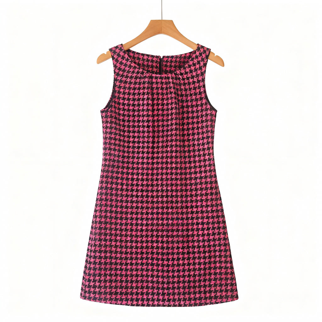 Pink Houndstooth Sleeveless Shift Dress