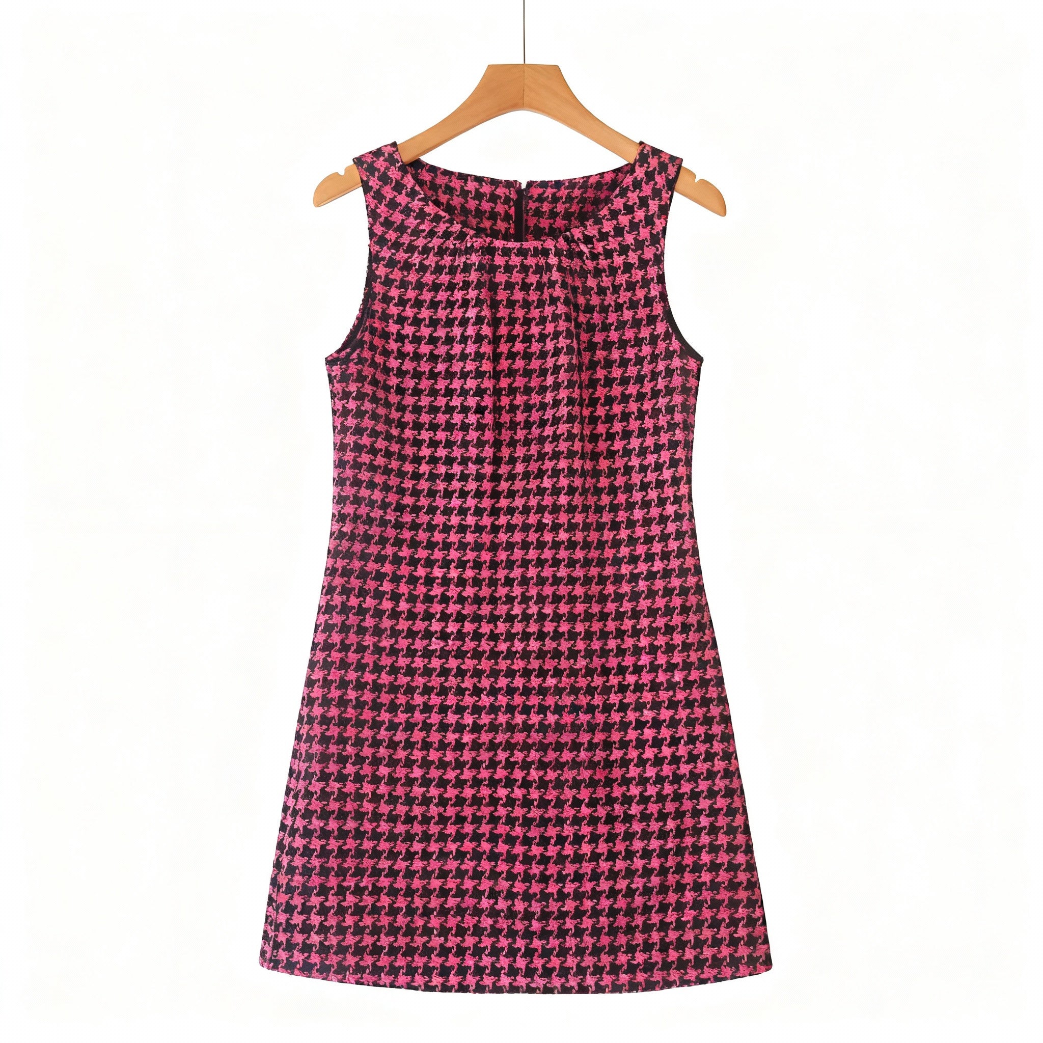 Pink Houndstooth Sleeveless Shift Dress