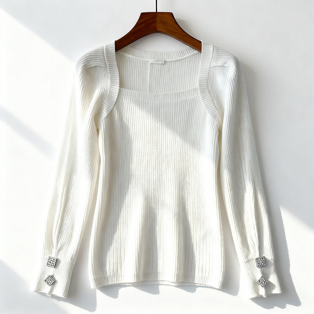 Elegant White Square-Neck Ribbed Knit Top with Crystal Cuff Buttons