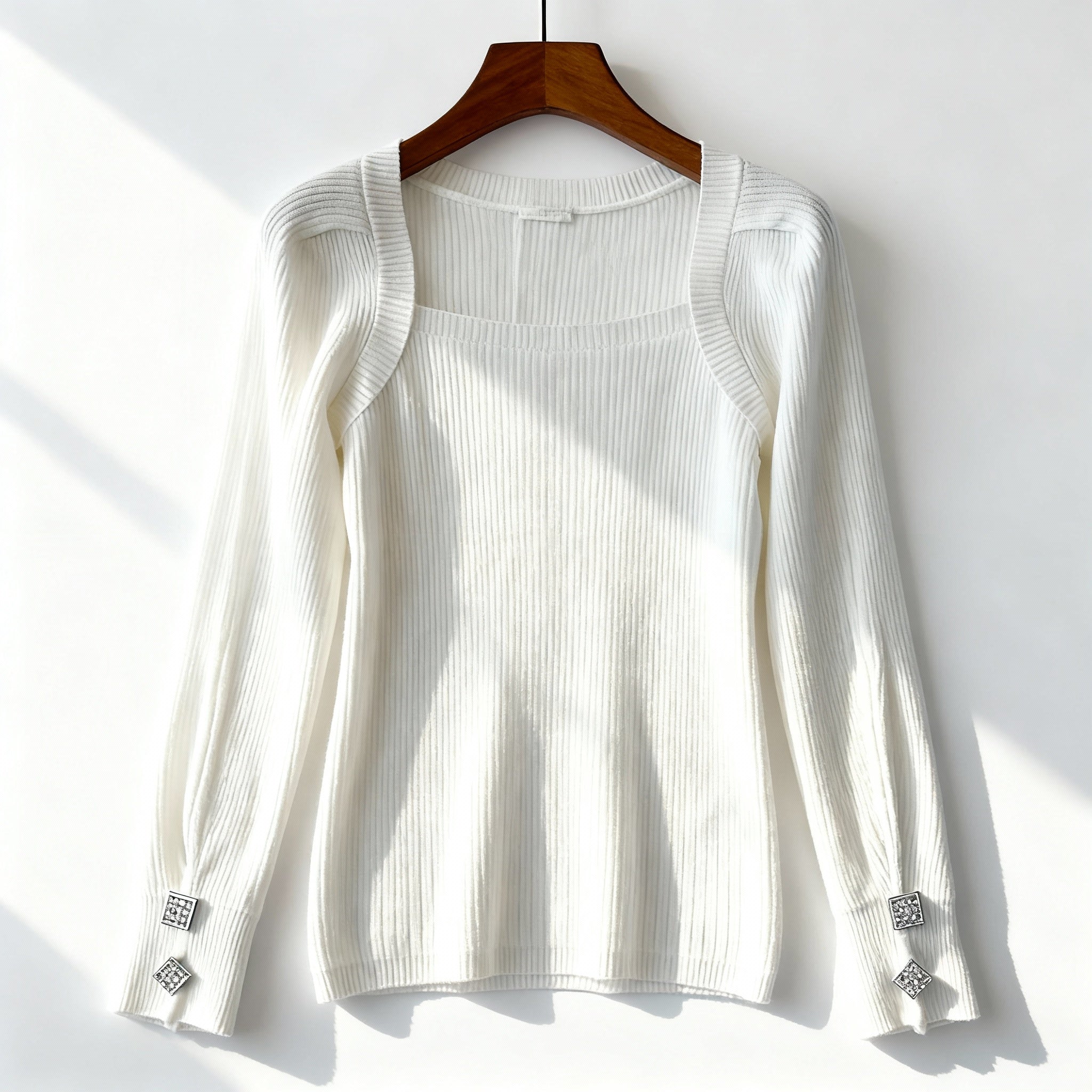 Elegant White Square-Neck Ribbed Knit Top with Crystal Cuff Buttons