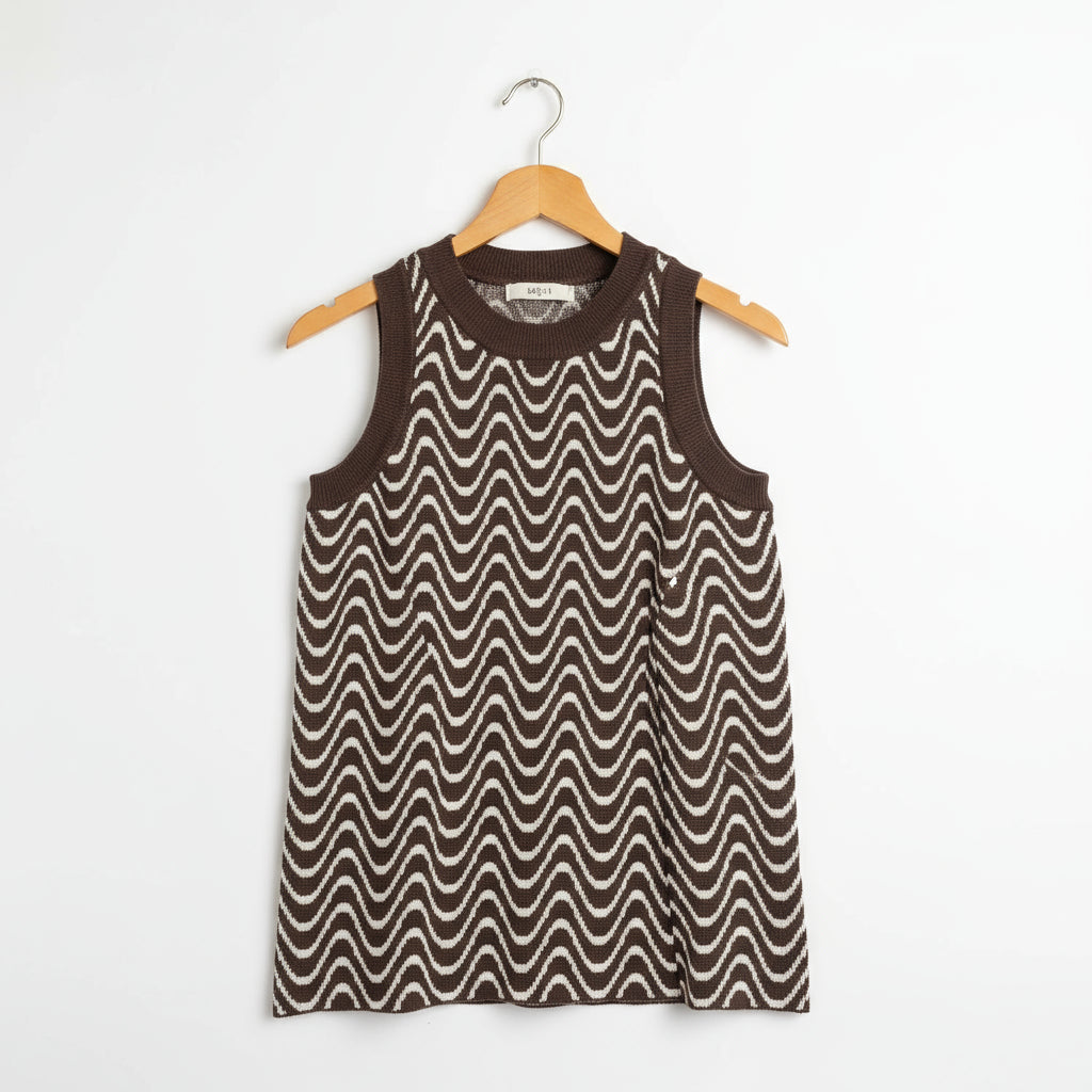 Brown & Cream Wave Knit Sleeveless Top