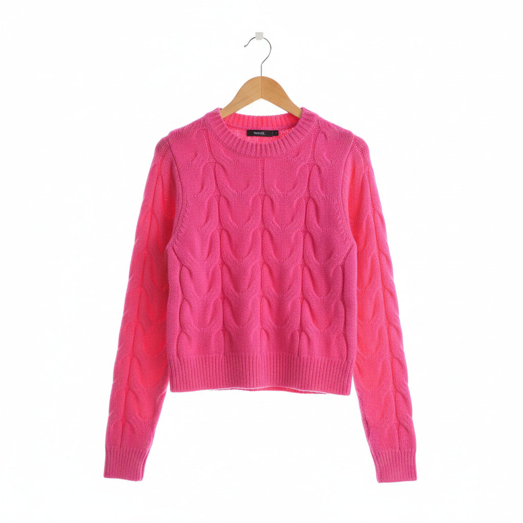 Women’s Hot Pink Cable-Knit Sweater – Soft Cozy Winter Pullover