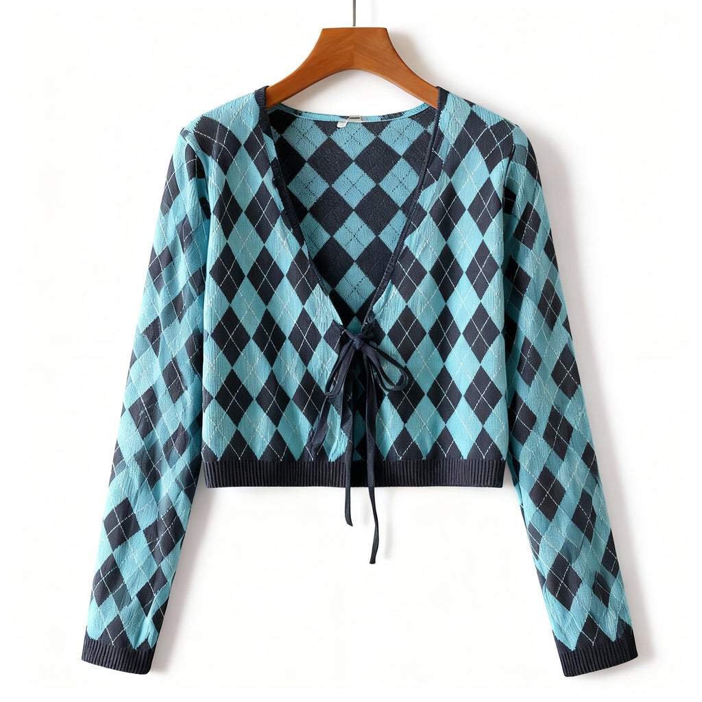 Blue & Black Argyle Cropped Cardigan with Long Sleeves