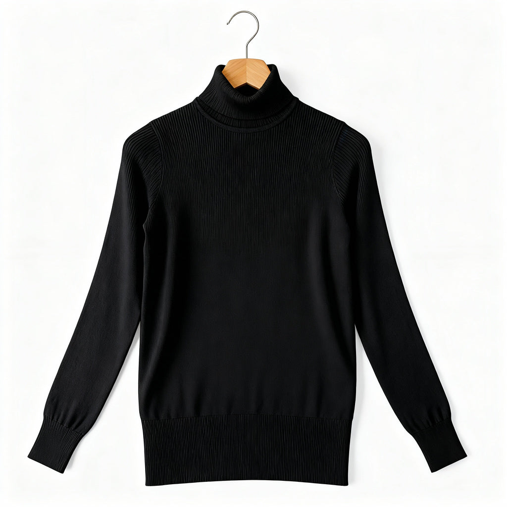 Black Ribbed High-Neck Knit Top – Slim Fit Long Sleeve