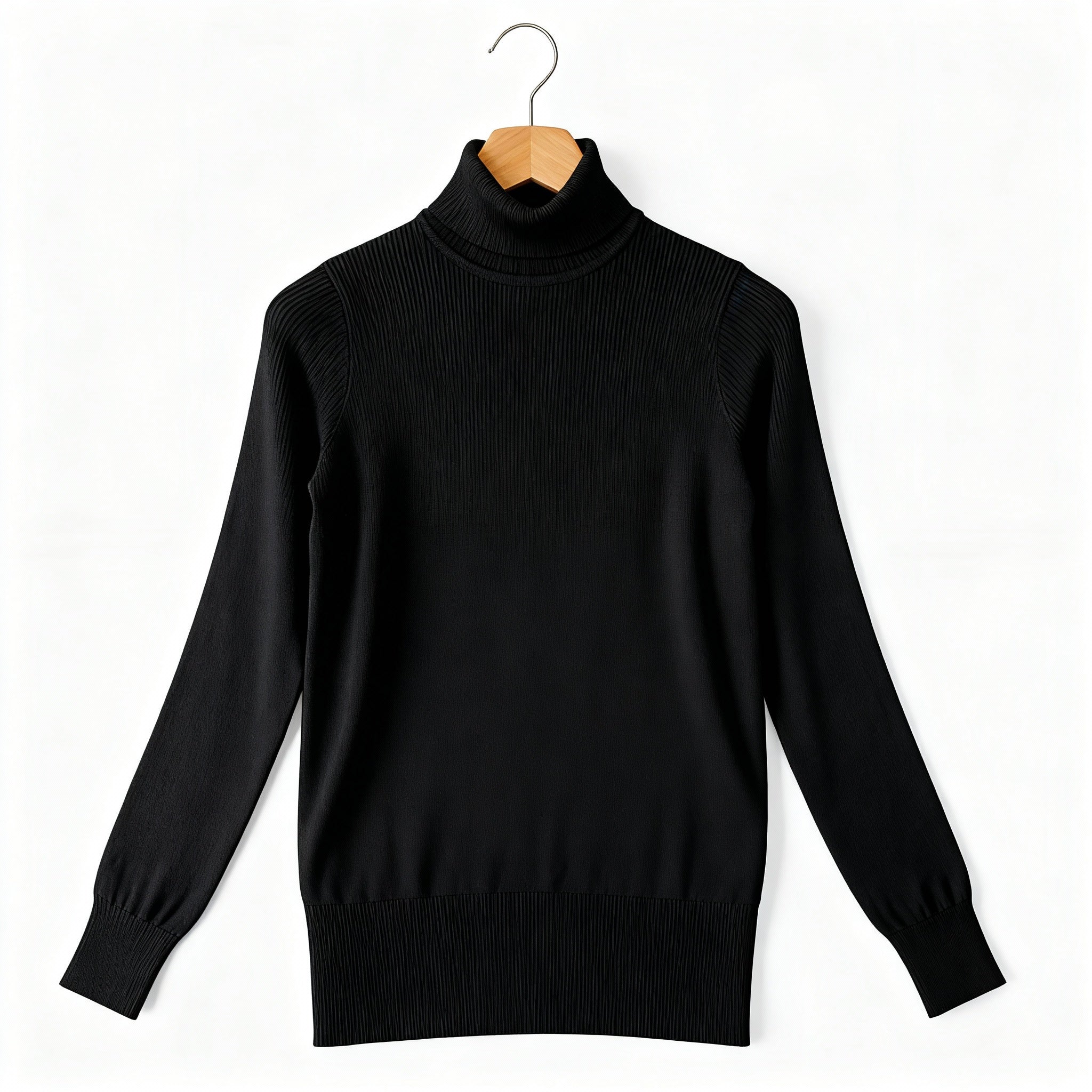 Black Ribbed High-Neck Knit Top – Slim Fit Long Sleeve