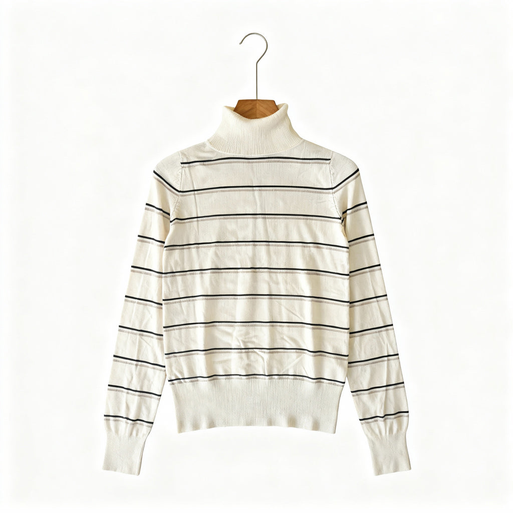Striped Turtleneck Knit Top – Cream & Black