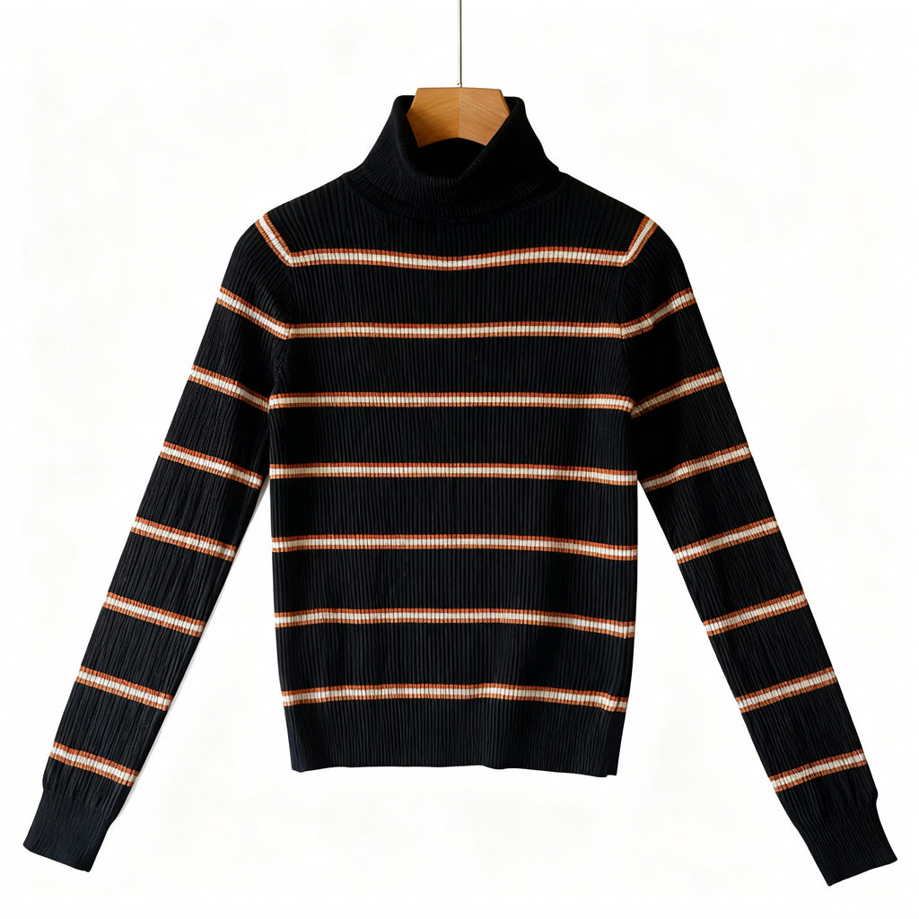 Black Ribbed Striped Turtleneck Sweater