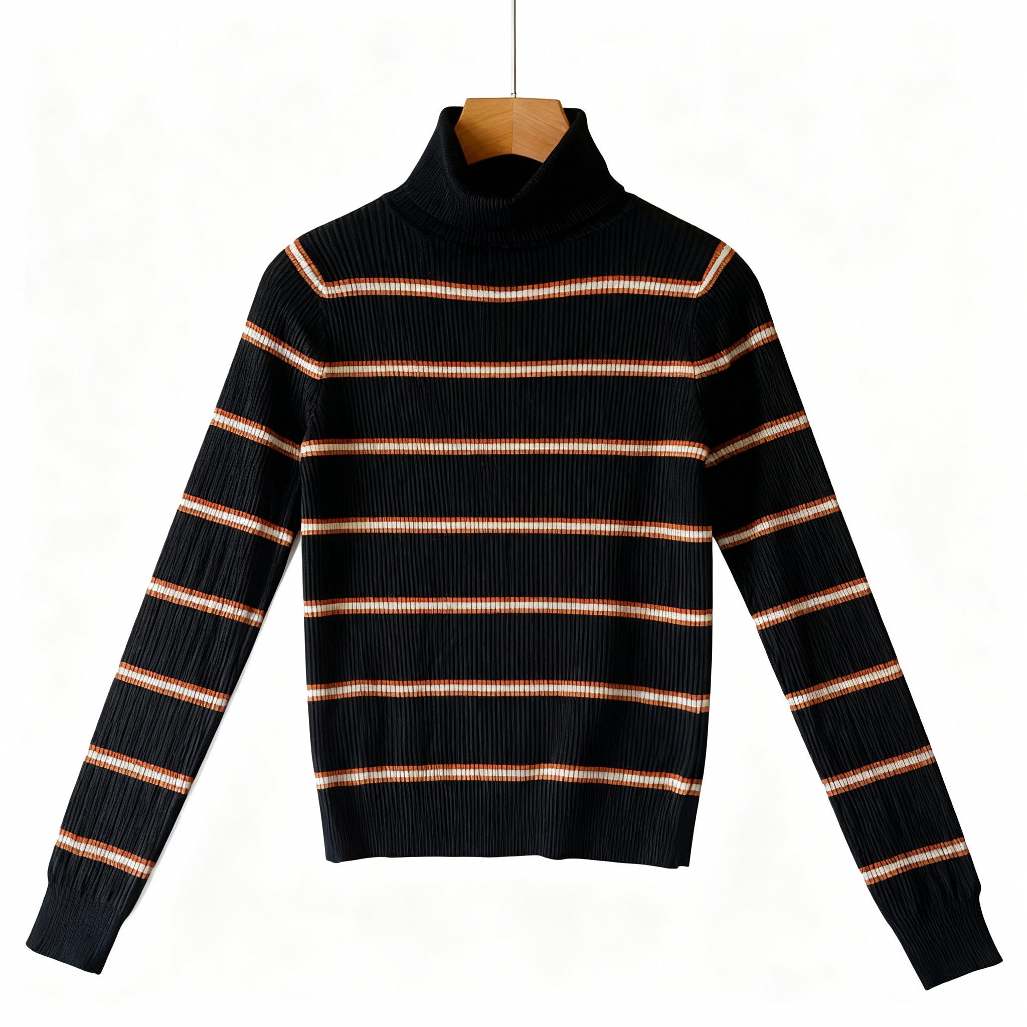 Black Ribbed Striped Turtleneck Sweater