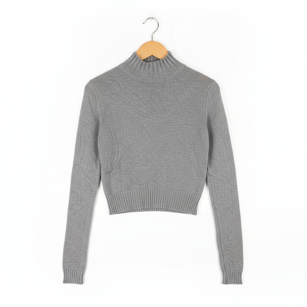 Grey High-Neck Cropped Knit Sweater