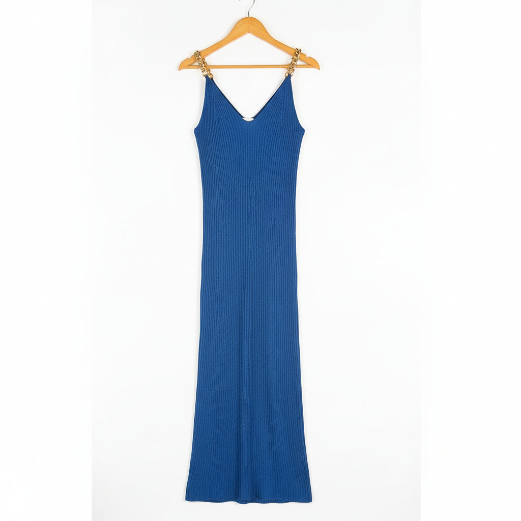 Royal Blue Maxi Ribbed Dress with Gold Chain Straps