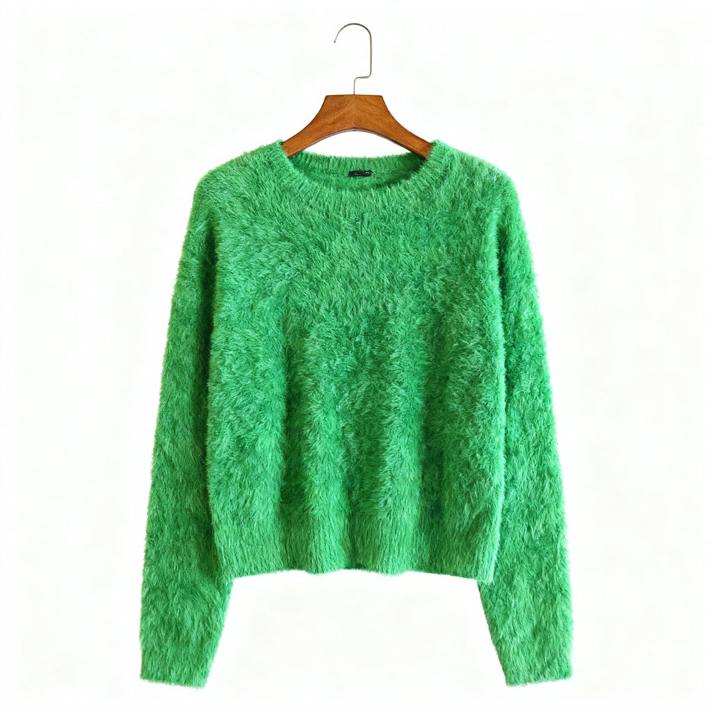 Soft Fluffy Green Knit Sweater – Cozy Long-Sleeve Fuzzy Pullover