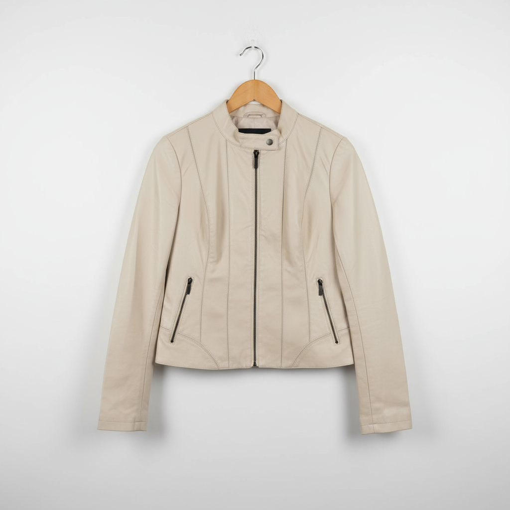 Women's Cream Beige Moto-Style Faux Leather Jacket