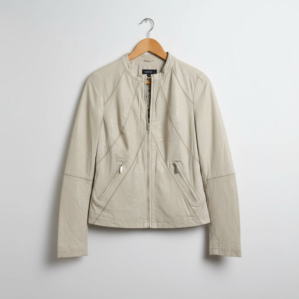 Women’s Light Taupe Faux Leather Jacket – Minimal Collar