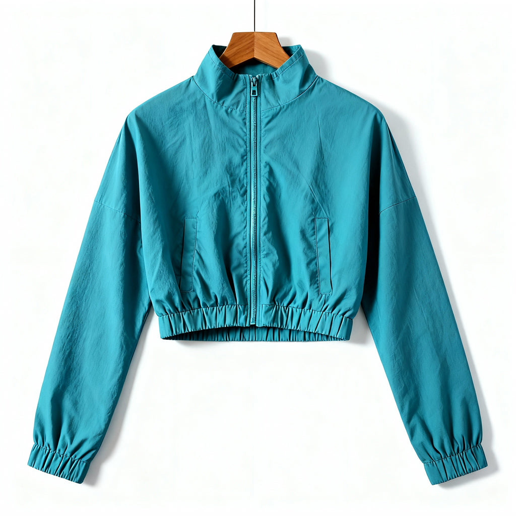 Cropped Lightweight Zip-Up Jacket – Teal Blue