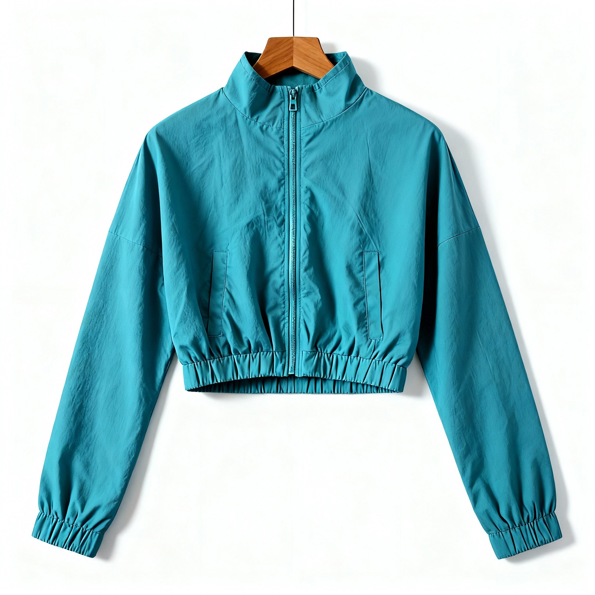 Cropped Lightweight Zip-Up Jacket – Teal Blue