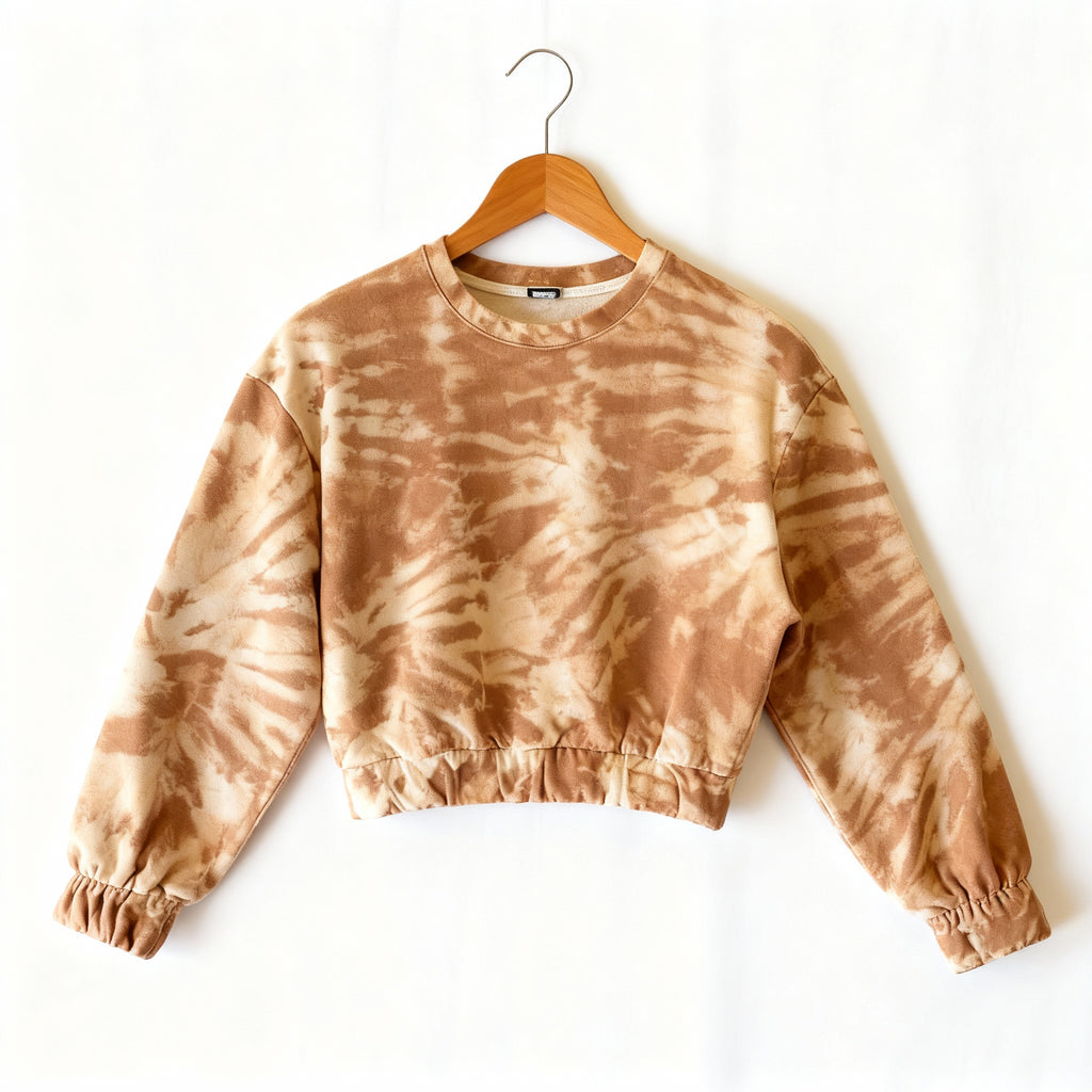 Tie-Dye Cropped Sweatshirt  Beige & Cream Long Sleeve Casual Top
