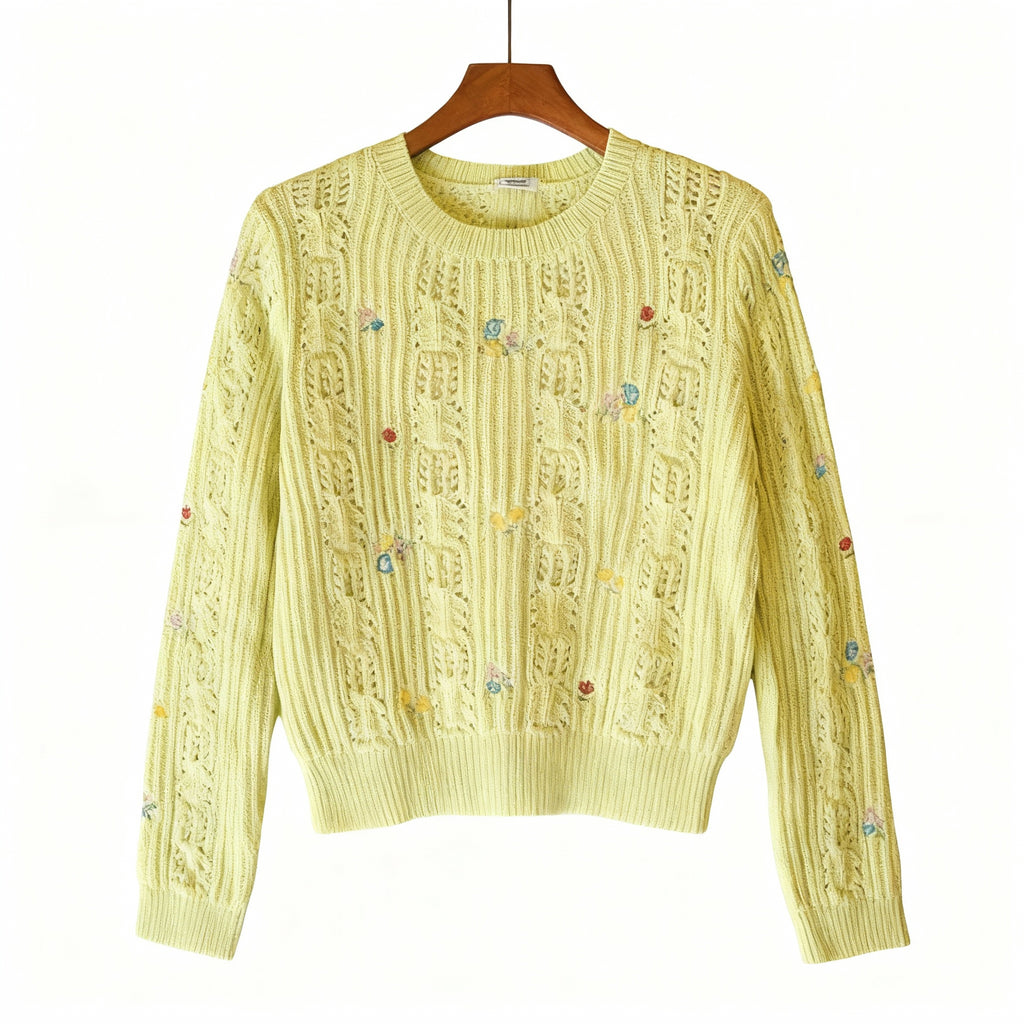 Pastel Yellow Floral Embroidered Knit Sweater – Soft Lightweight Crochet Pullover