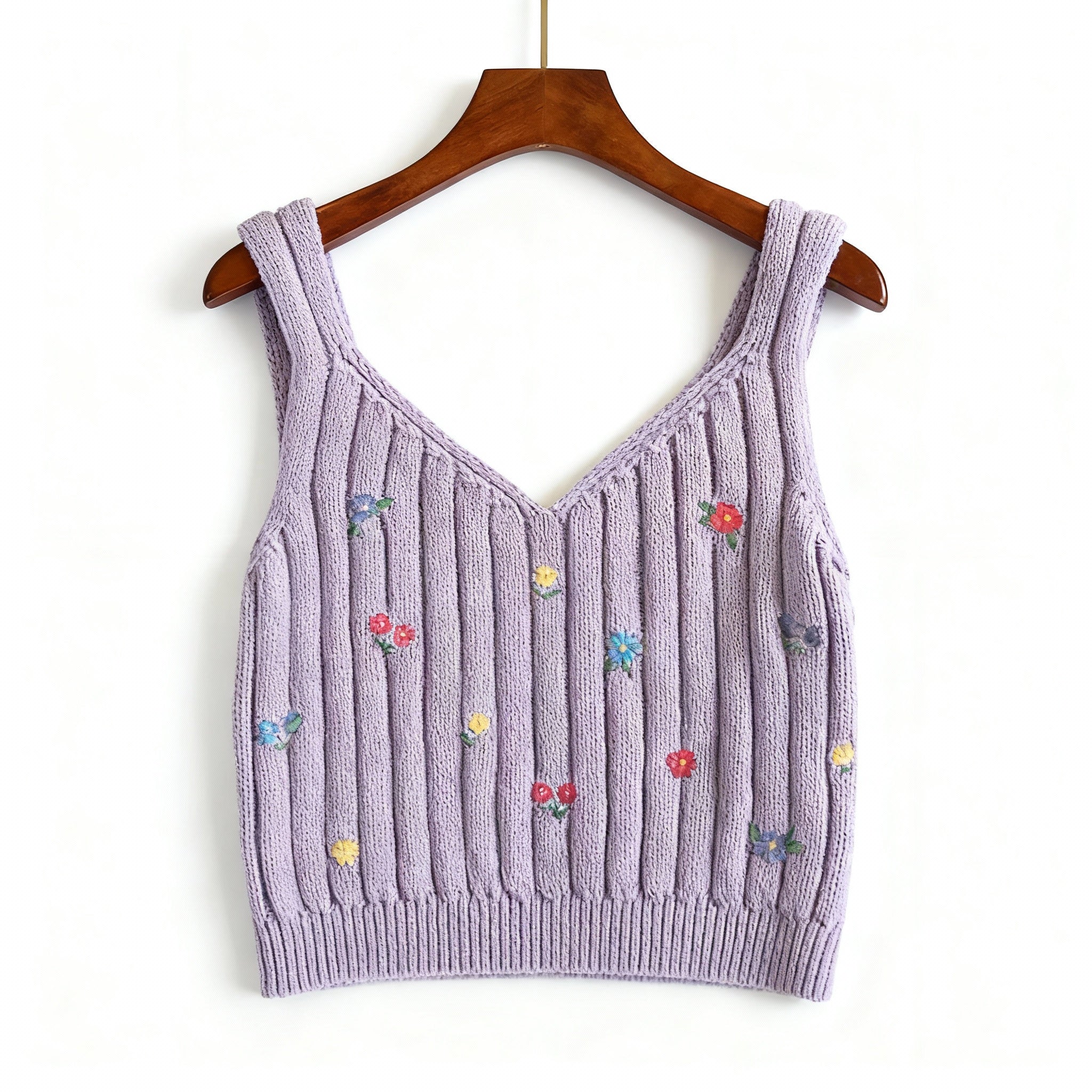 Lilac Embroidered Knit Crop Top – Floral Detail
