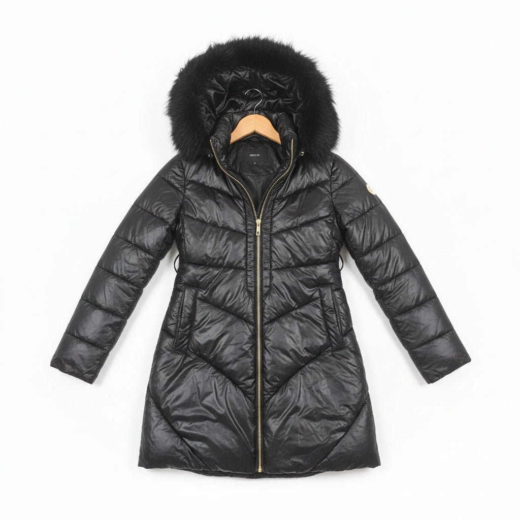 Long Black Puffer Coat with Faux Fur Hood – Winter Shine Edition