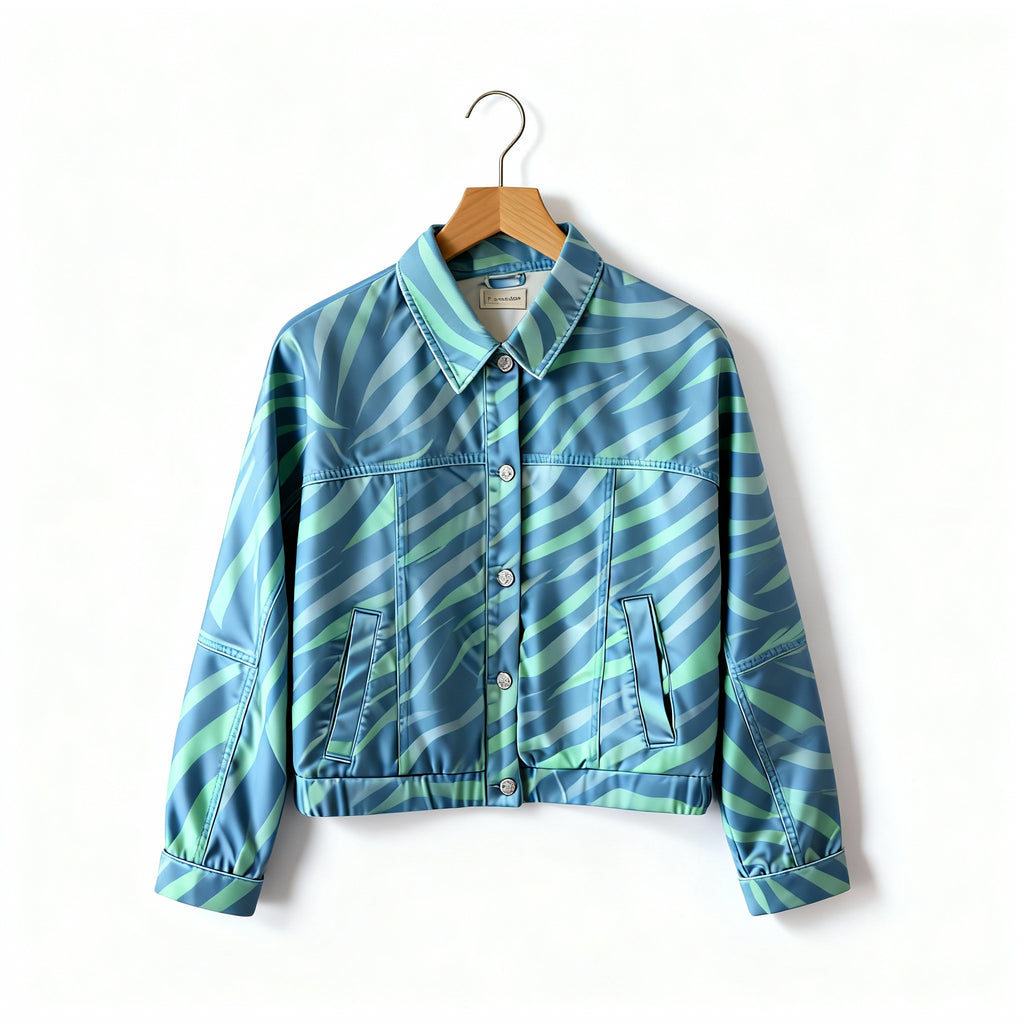 Cropped Printed Jacket – Aqua Leaf Pattern