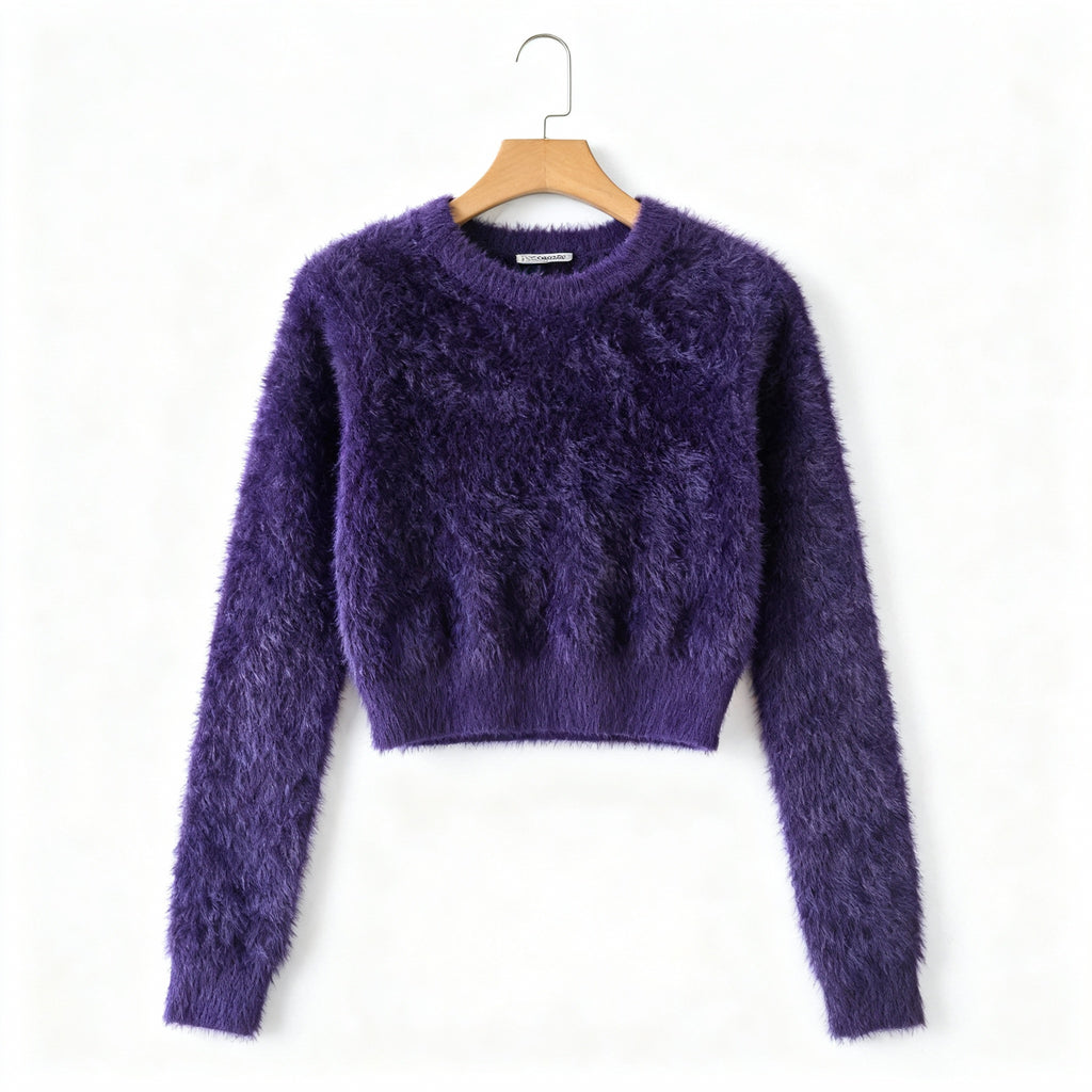 Plush Deep Purple Fuzzy Knit Sweater with Cozy High-Neck Design
