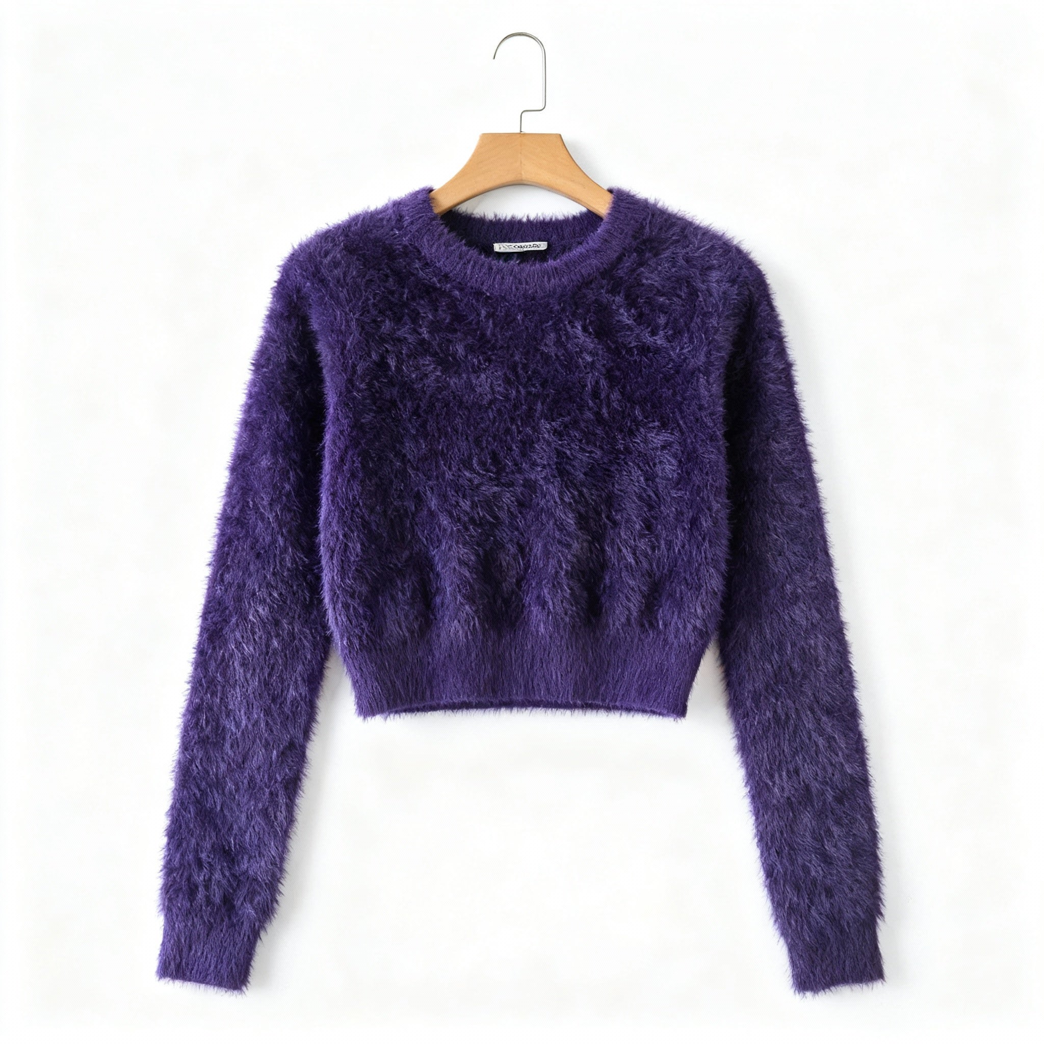 Plush Deep Purple Fuzzy Knit Sweater with Cozy High-Neck Design