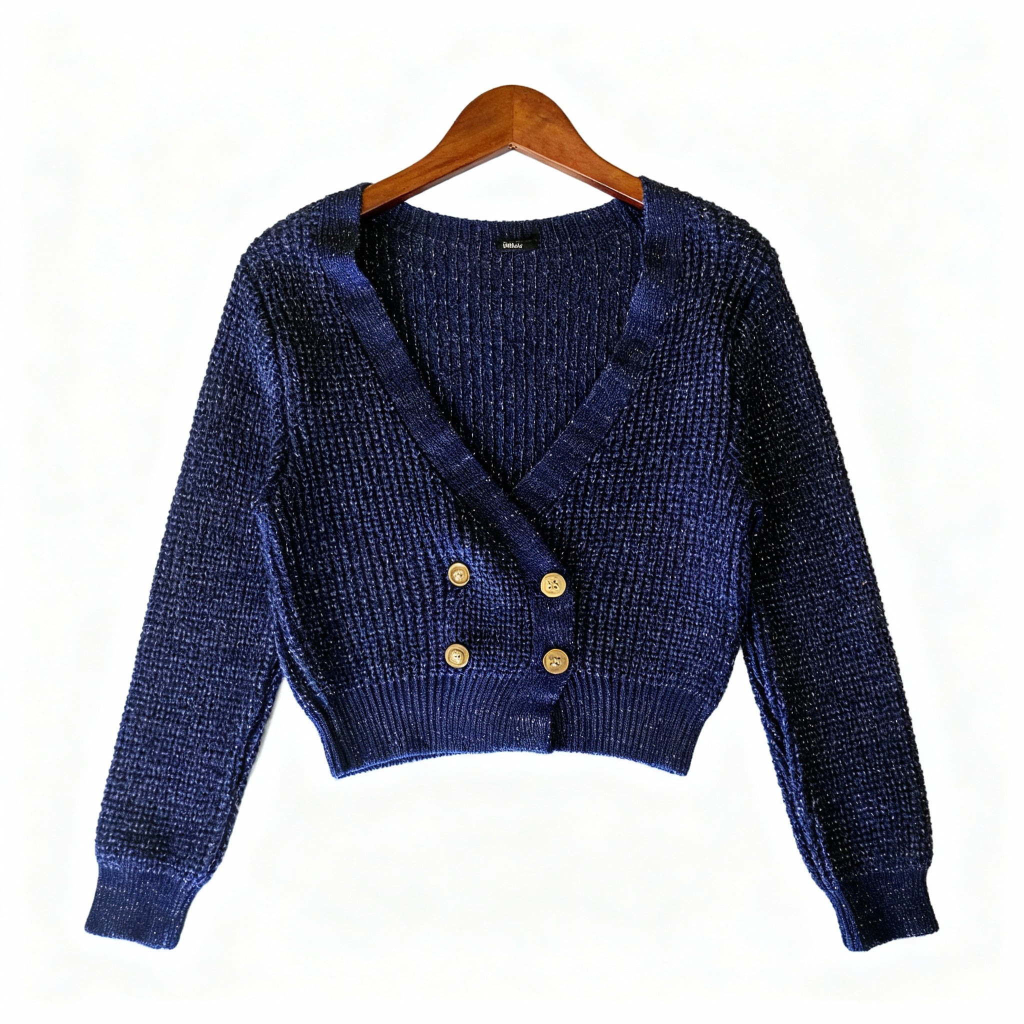 Navy Blue Textured Knit Cropped Cardigan with Gold Double Buttons
