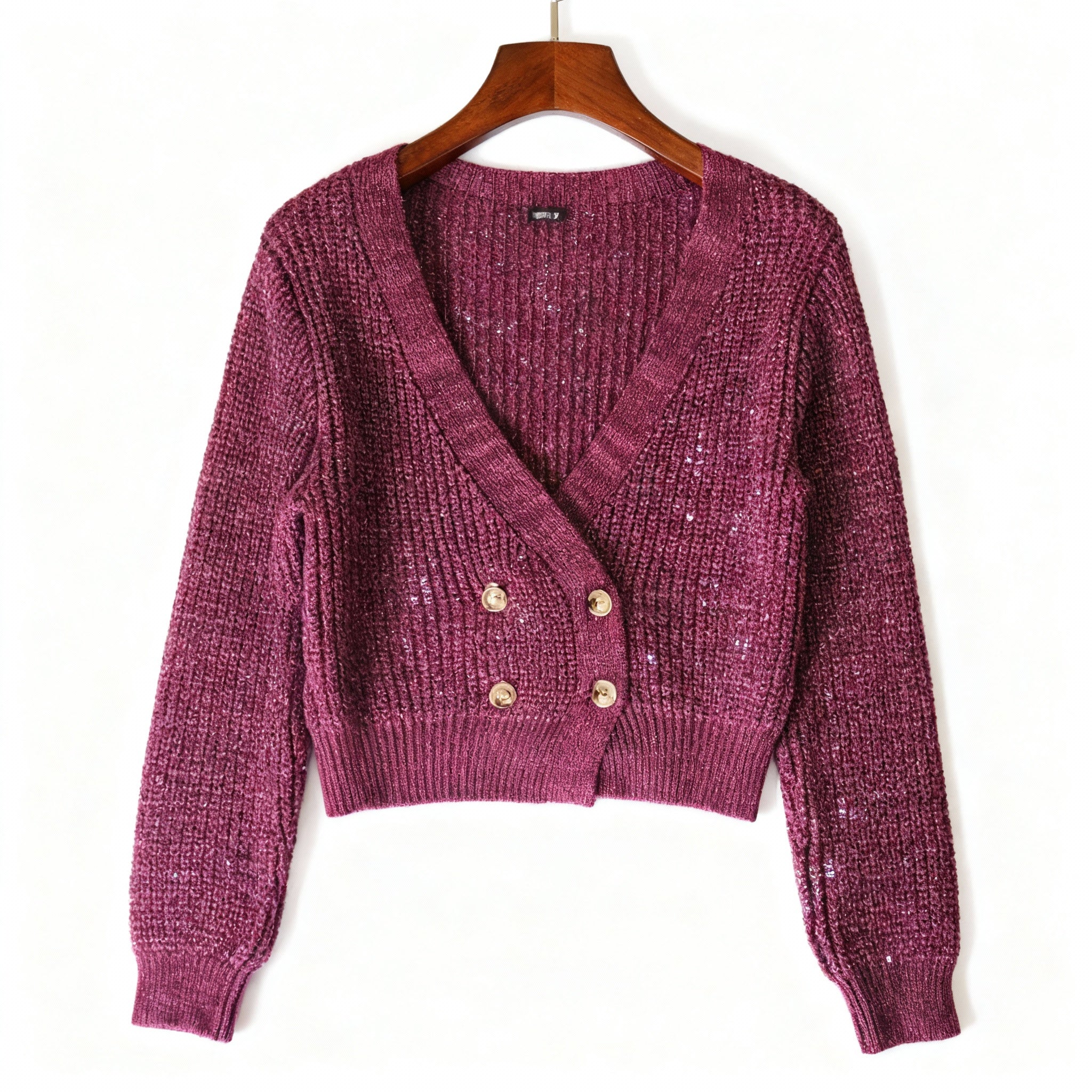 Cropped Double-Breasted Shimmer Knit Cardigan – Plum Purple