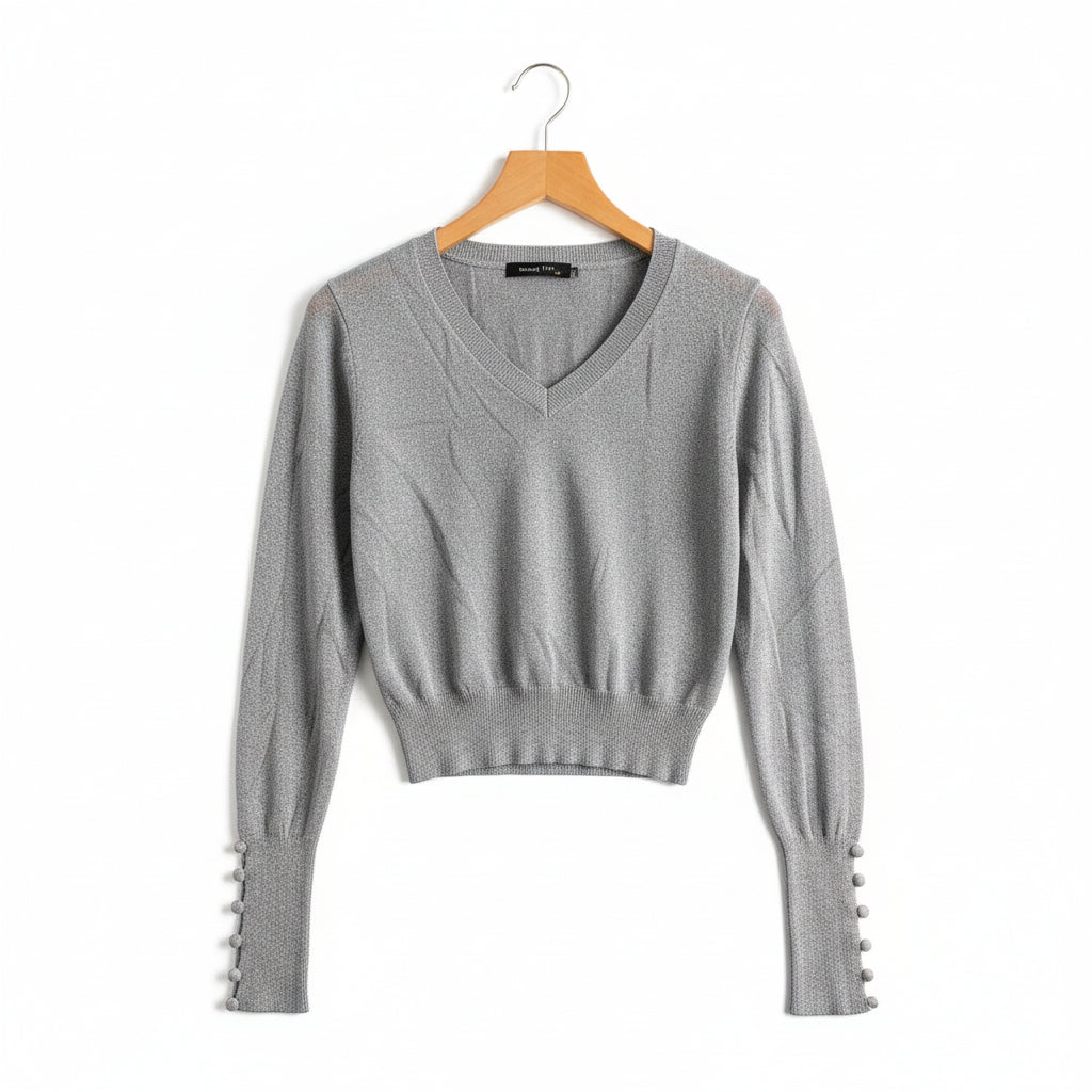 Elegant Grey V-Neck Knit Sweater with Buttoned Sleeves