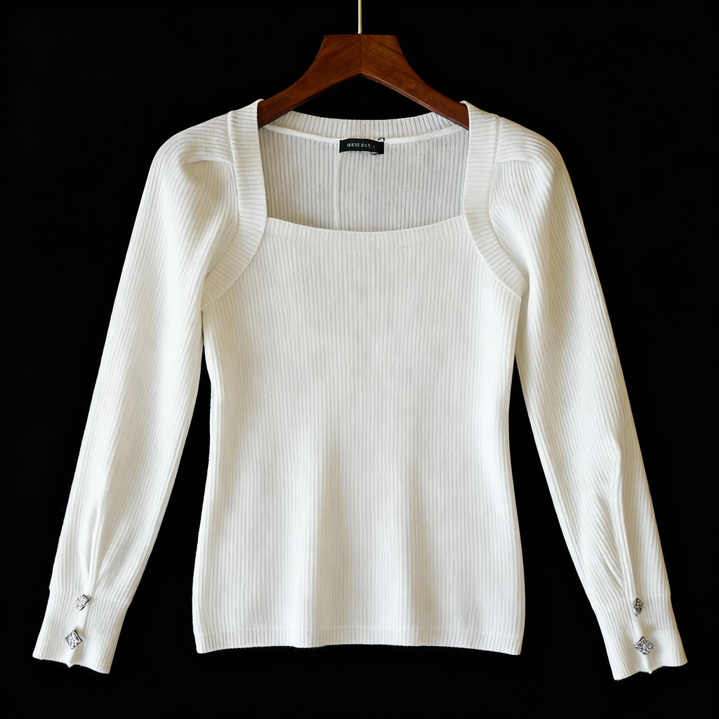 Elegant White Square-Neck Ribbed Knit Top with Crystal Cuff Buttons
